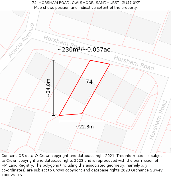 74, HORSHAM ROAD, OWLSMOOR, SANDHURST, GU47 0YZ: Plot and title map