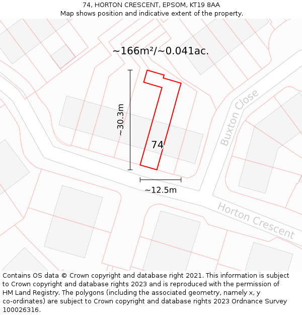 74, HORTON CRESCENT, EPSOM, KT19 8AA: Plot and title map