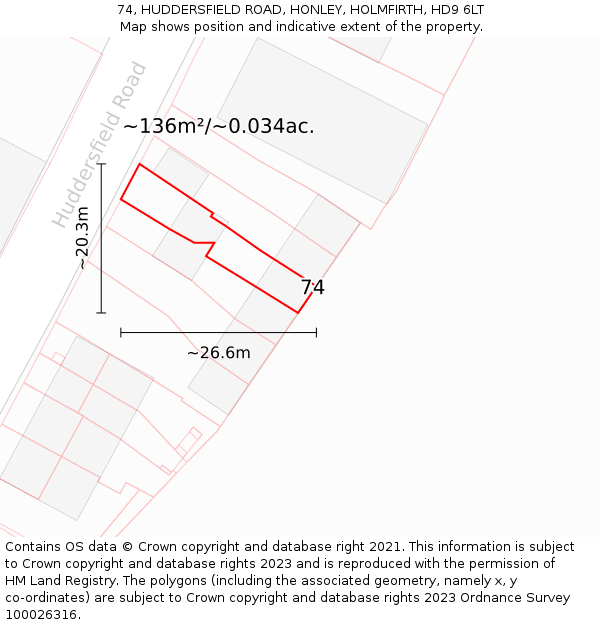 74, HUDDERSFIELD ROAD, HONLEY, HOLMFIRTH, HD9 6LT: Plot and title map