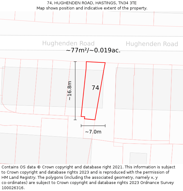 74, HUGHENDEN ROAD, HASTINGS, TN34 3TE: Plot and title map