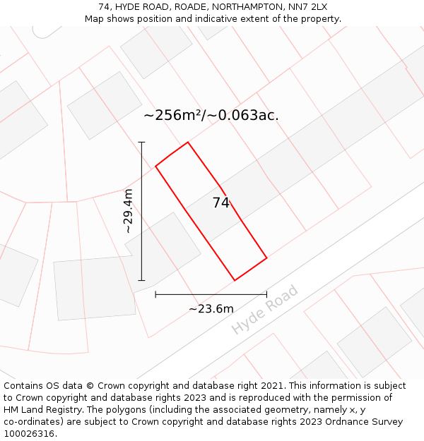 74, HYDE ROAD, ROADE, NORTHAMPTON, NN7 2LX: Plot and title map