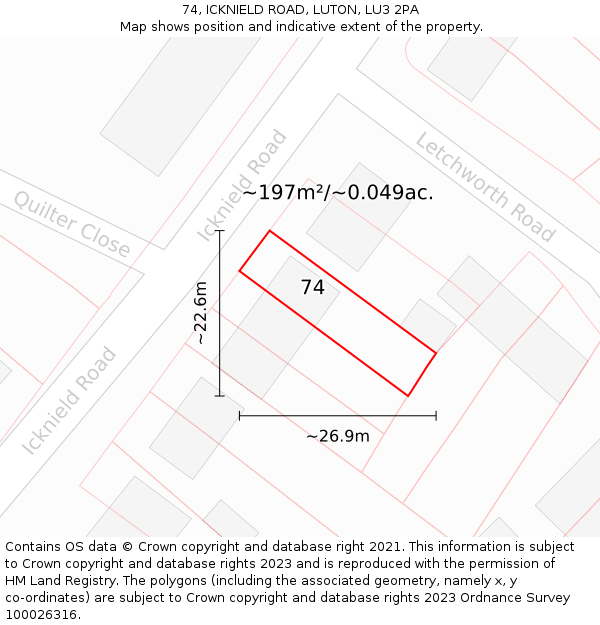 74, ICKNIELD ROAD, LUTON, LU3 2PA: Plot and title map
