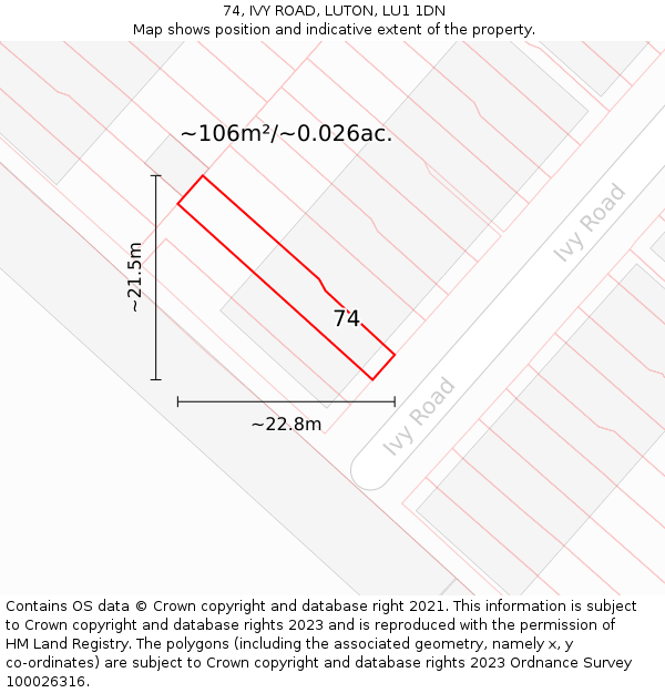 74, IVY ROAD, LUTON, LU1 1DN: Plot and title map