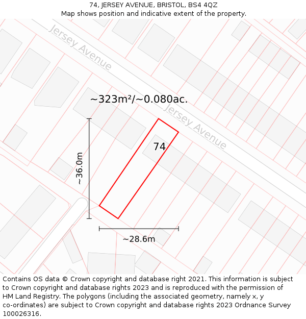 74, JERSEY AVENUE, BRISTOL, BS4 4QZ: Plot and title map