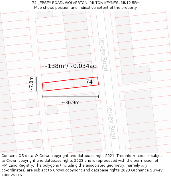 74, JERSEY ROAD, WOLVERTON, MILTON KEYNES, MK12 5BH: Plot and title map