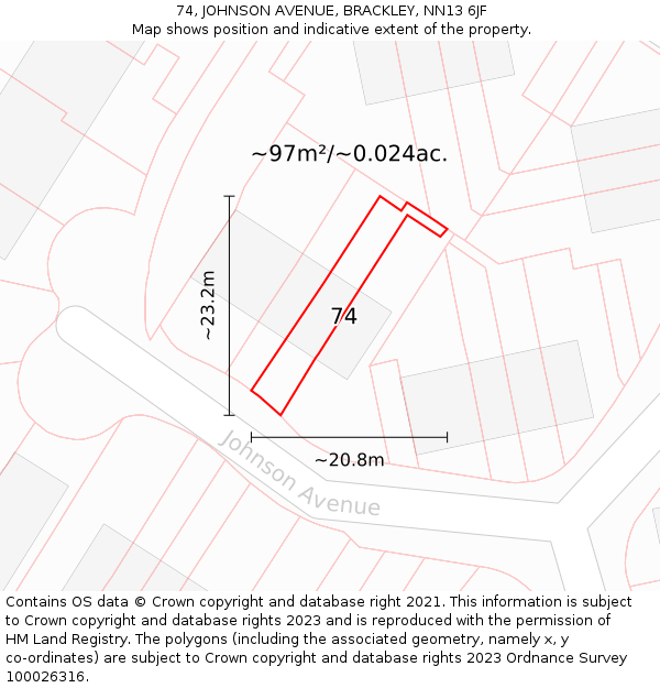 74, JOHNSON AVENUE, BRACKLEY, NN13 6JF: Plot and title map