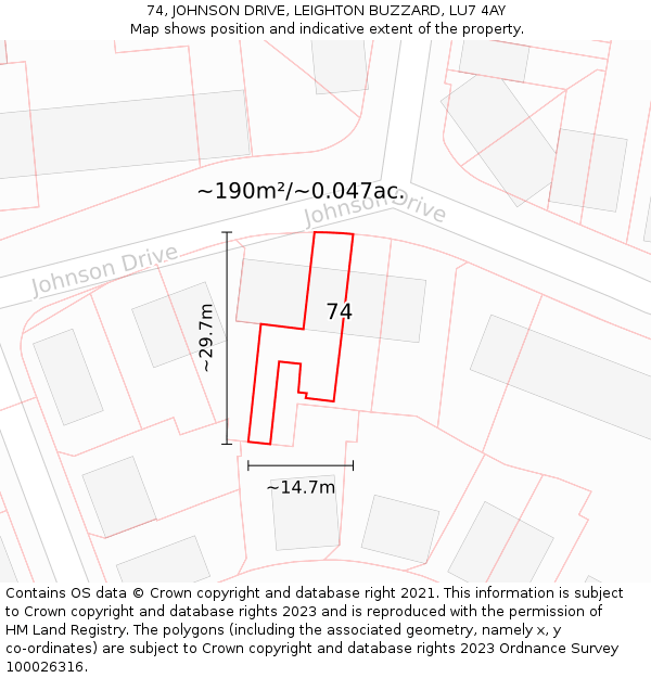 74, JOHNSON DRIVE, LEIGHTON BUZZARD, LU7 4AY: Plot and title map