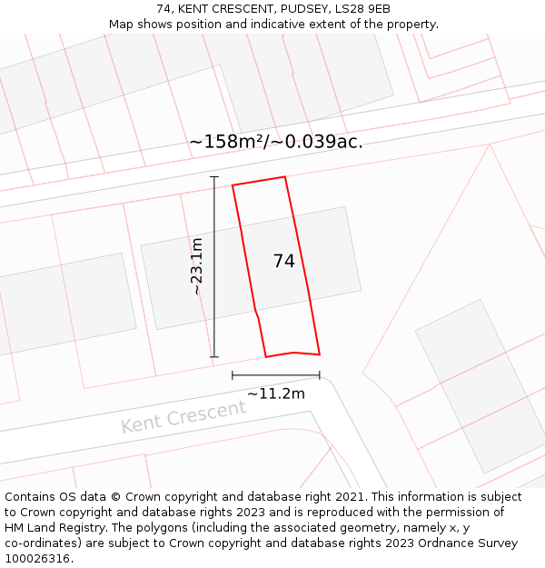 74, KENT CRESCENT, PUDSEY, LS28 9EB: Plot and title map