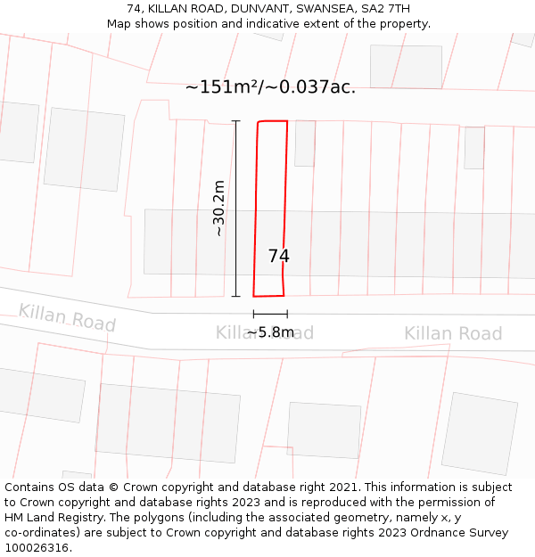 74, KILLAN ROAD, DUNVANT, SWANSEA, SA2 7TH: Plot and title map