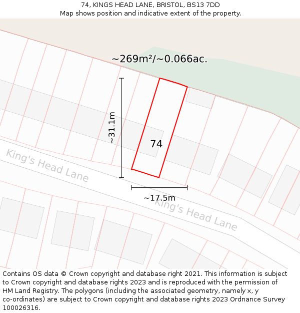 74, KINGS HEAD LANE, BRISTOL, BS13 7DD: Plot and title map