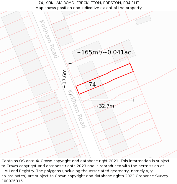 74, KIRKHAM ROAD, FRECKLETON, PRESTON, PR4 1HT: Plot and title map