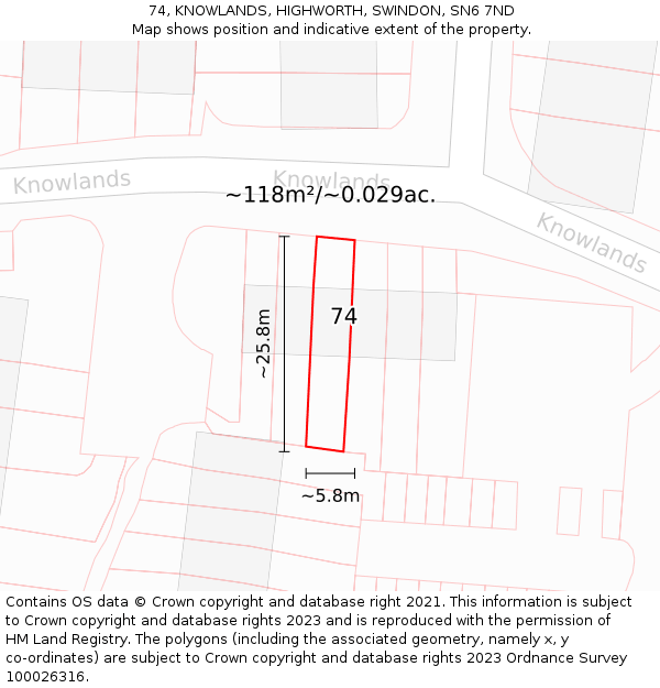 74, KNOWLANDS, HIGHWORTH, SWINDON, SN6 7ND: Plot and title map