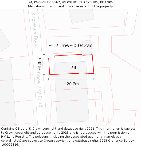 74, KNOWSLEY ROAD, WILPSHIRE, BLACKBURN, BB1 9PN: Plot and title map
