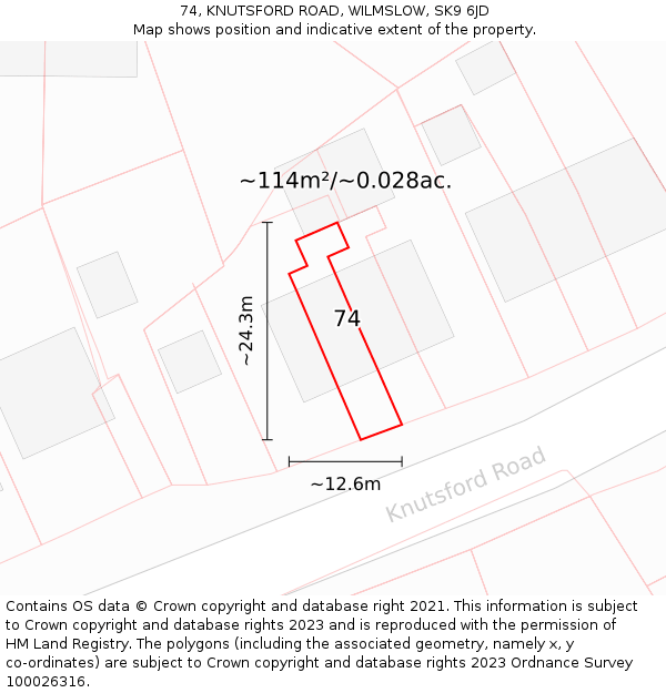 74, KNUTSFORD ROAD, WILMSLOW, SK9 6JD: Plot and title map