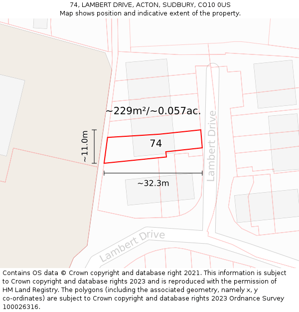 74, LAMBERT DRIVE, ACTON, SUDBURY, CO10 0US: Plot and title map