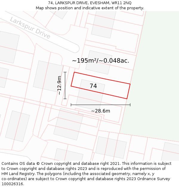 74, LARKSPUR DRIVE, EVESHAM, WR11 2NQ: Plot and title map