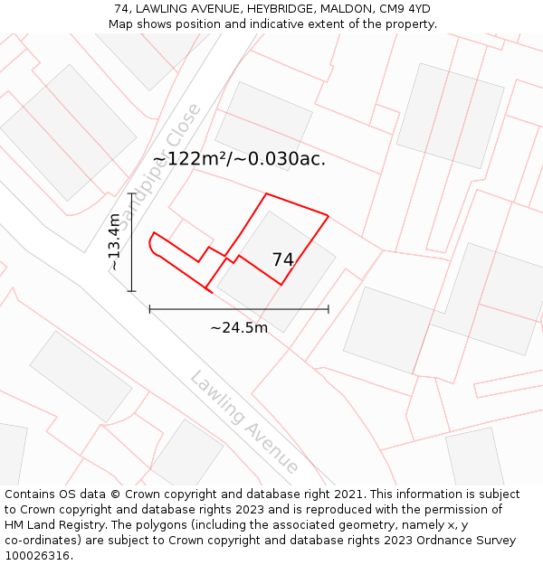 74, LAWLING AVENUE, HEYBRIDGE, MALDON, CM9 4YD: Plot and title map