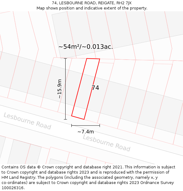 74, LESBOURNE ROAD, REIGATE, RH2 7JX: Plot and title map