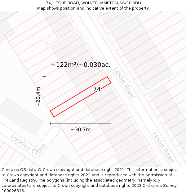 74, LESLIE ROAD, WOLVERHAMPTON, WV10 0BU: Plot and title map