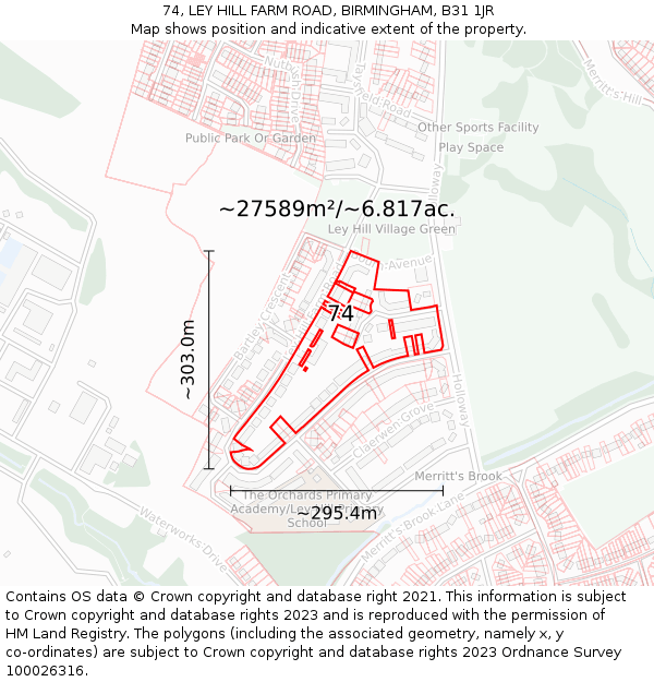 74, LEY HILL FARM ROAD, BIRMINGHAM, B31 1JR: Plot and title map