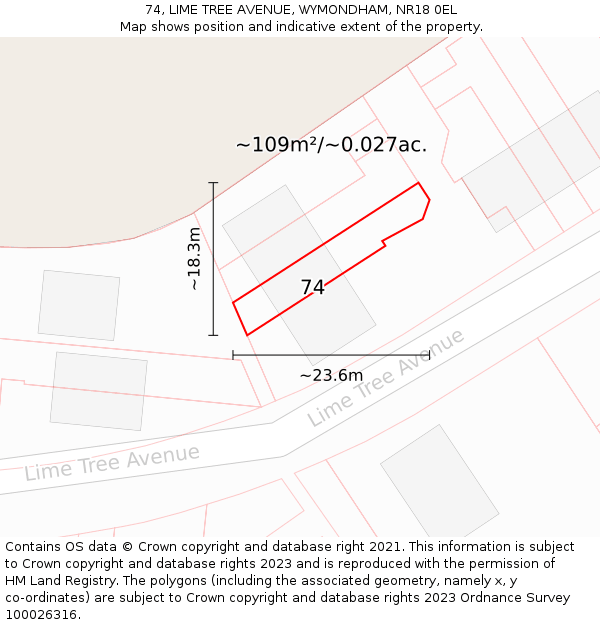 74, LIME TREE AVENUE, WYMONDHAM, NR18 0EL: Plot and title map