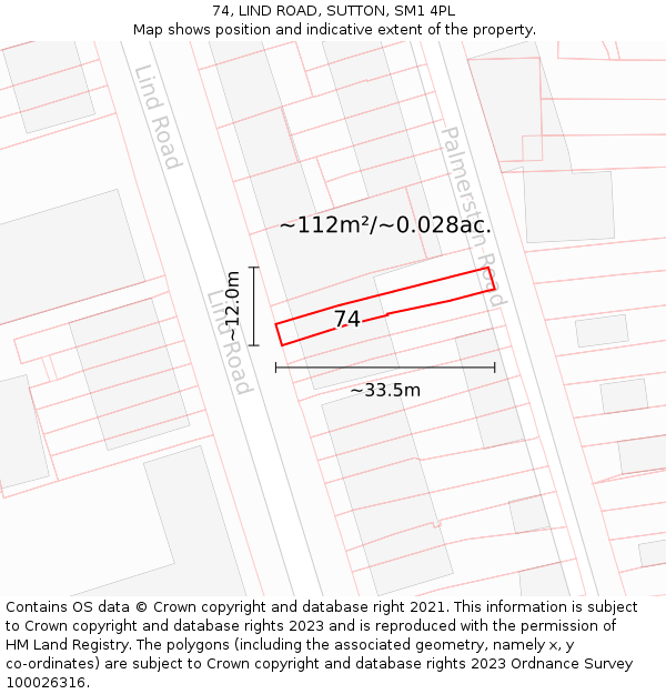 74, LIND ROAD, SUTTON, SM1 4PL: Plot and title map