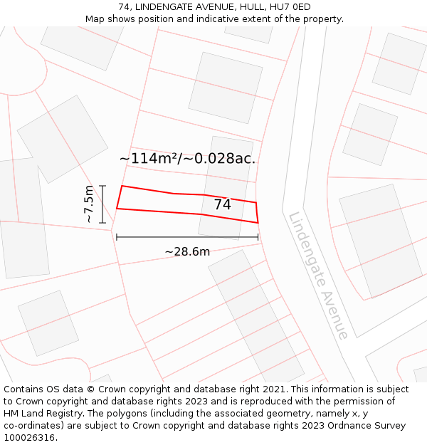 74, LINDENGATE AVENUE, HULL, HU7 0ED: Plot and title map