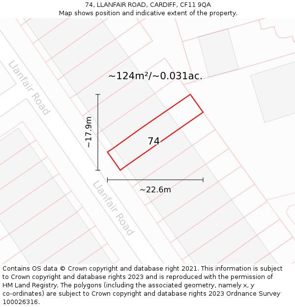 74, LLANFAIR ROAD, CARDIFF, CF11 9QA: Plot and title map