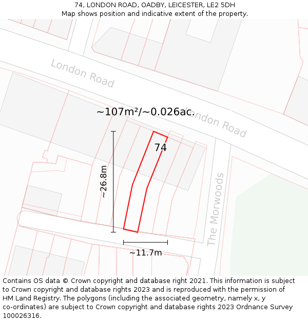 74, LONDON ROAD, OADBY, LEICESTER, LE2 5DH: Plot and title map