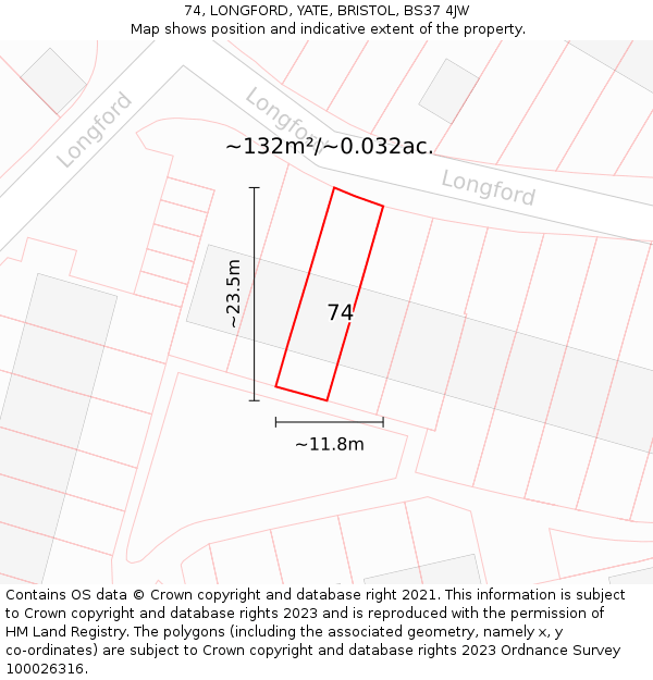 74, LONGFORD, YATE, BRISTOL, BS37 4JW: Plot and title map