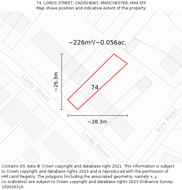 74, LORDS STREET, CADISHEAD, MANCHESTER, M44 5FF: Plot and title map