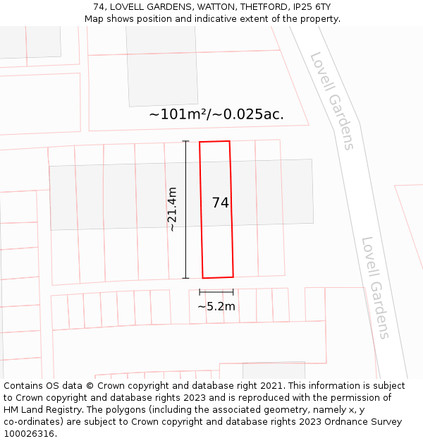 74, LOVELL GARDENS, WATTON, THETFORD, IP25 6TY: Plot and title map
