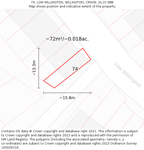 74, LOW WILLINGTON, WILLINGTON, CROOK, DL15 0BB: Plot and title map