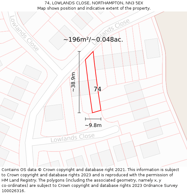 74, LOWLANDS CLOSE, NORTHAMPTON, NN3 5EX: Plot and title map