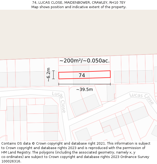 74, LUCAS CLOSE, MAIDENBOWER, CRAWLEY, RH10 7EY: Plot and title map