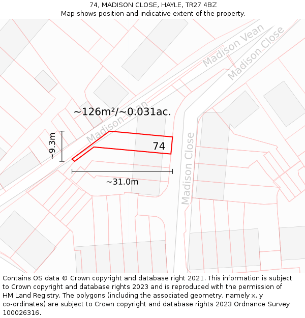 74, MADISON CLOSE, HAYLE, TR27 4BZ: Plot and title map