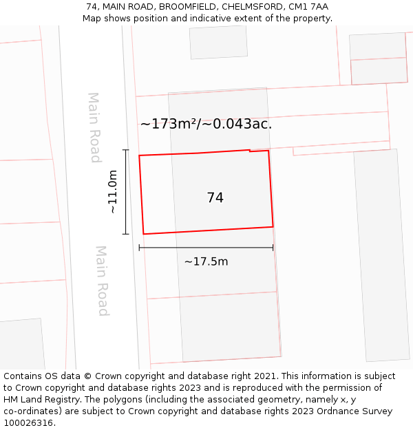 74, MAIN ROAD, BROOMFIELD, CHELMSFORD, CM1 7AA: Plot and title map