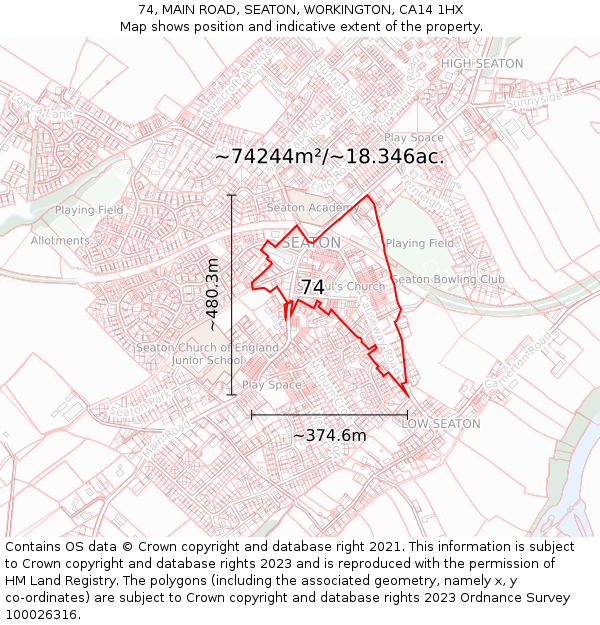 74, MAIN ROAD, SEATON, WORKINGTON, CA14 1HX: Plot and title map