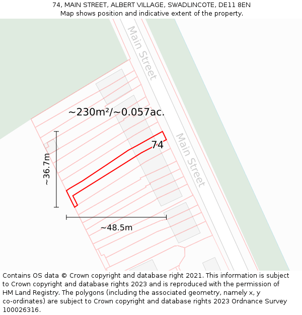 74, MAIN STREET, ALBERT VILLAGE, SWADLINCOTE, DE11 8EN: Plot and title map