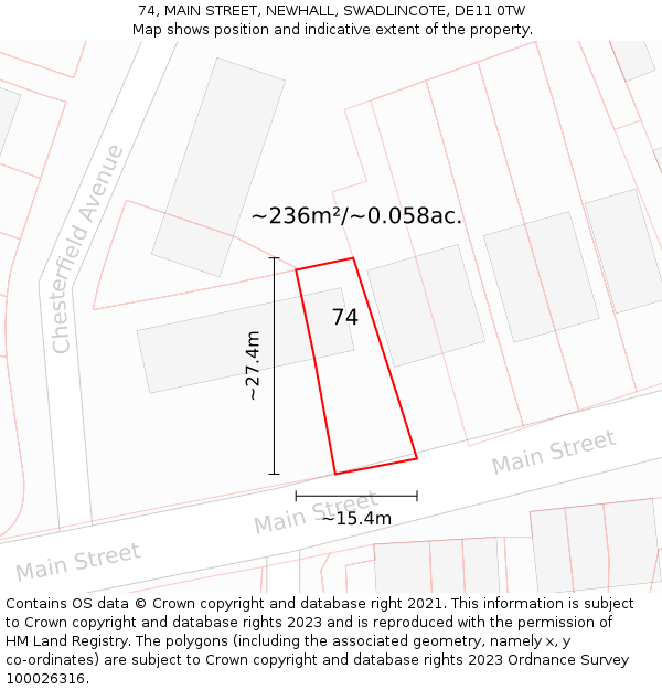 74, MAIN STREET, NEWHALL, SWADLINCOTE, DE11 0TW: Plot and title map