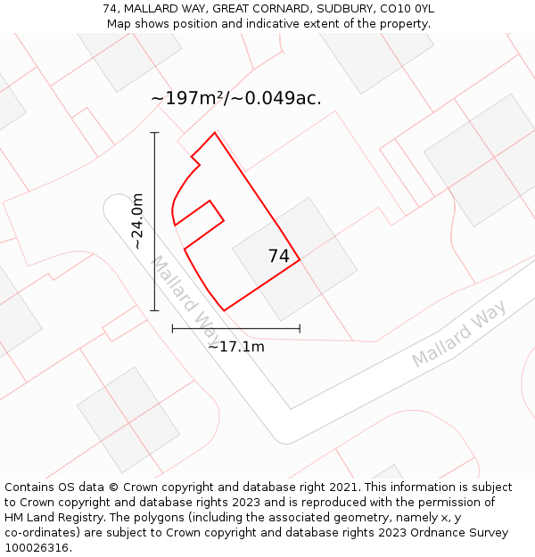 74, MALLARD WAY, GREAT CORNARD, SUDBURY, CO10 0YL: Plot and title map