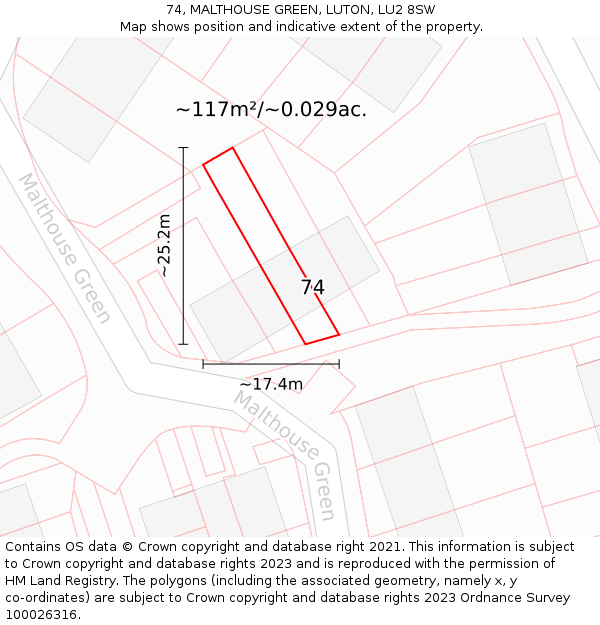 74, MALTHOUSE GREEN, LUTON, LU2 8SW: Plot and title map