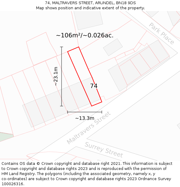 74, MALTRAVERS STREET, ARUNDEL, BN18 9DS: Plot and title map