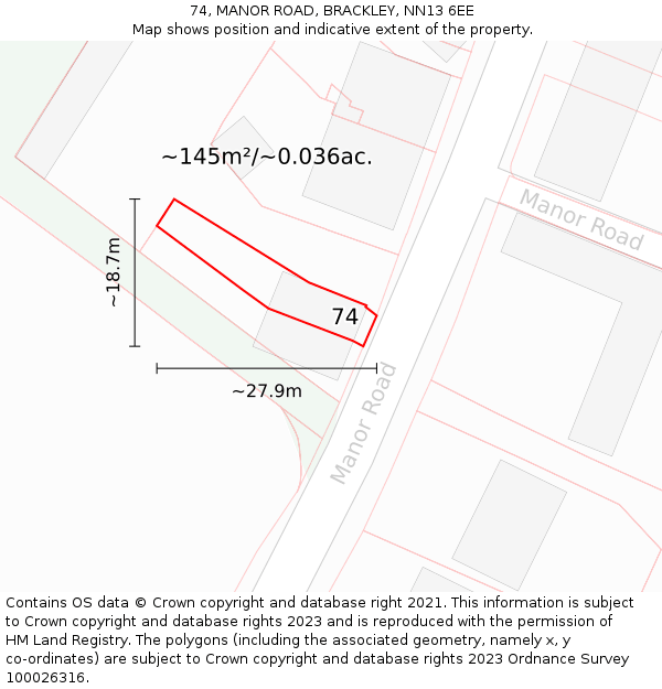 74, MANOR ROAD, BRACKLEY, NN13 6EE: Plot and title map
