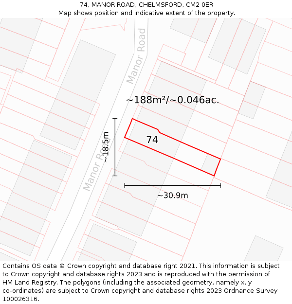74, MANOR ROAD, CHELMSFORD, CM2 0ER: Plot and title map