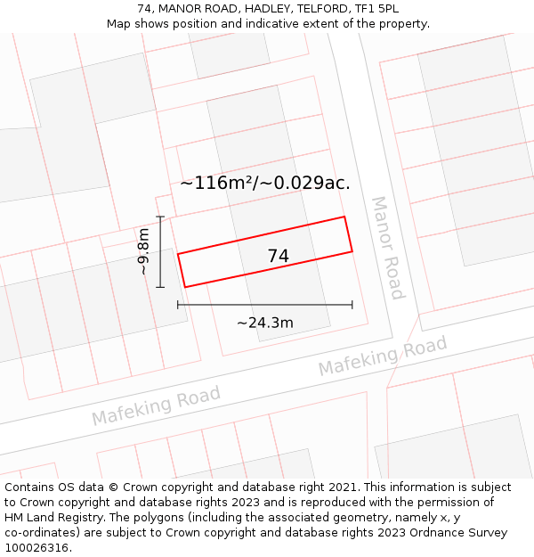 74, MANOR ROAD, HADLEY, TELFORD, TF1 5PL: Plot and title map