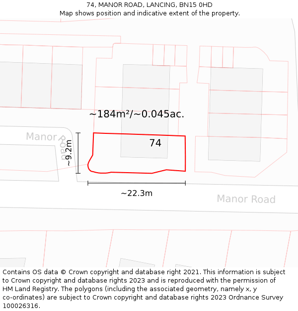 74, MANOR ROAD, LANCING, BN15 0HD: Plot and title map