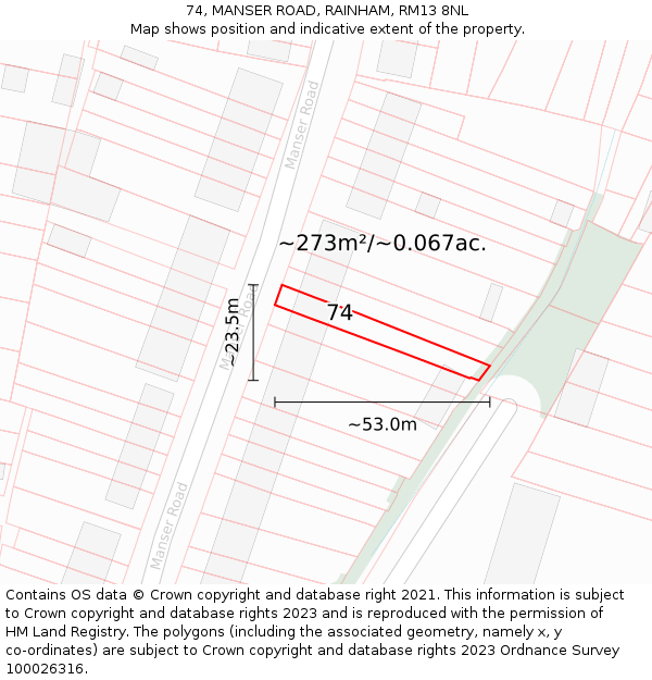74, MANSER ROAD, RAINHAM, RM13 8NL: Plot and title map