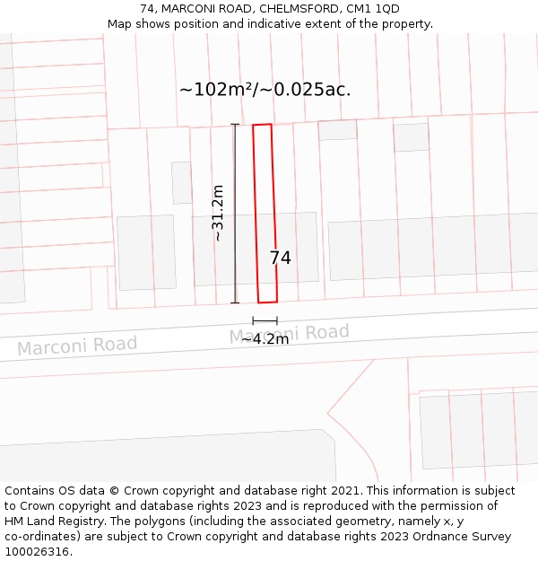 74, MARCONI ROAD, CHELMSFORD, CM1 1QD: Plot and title map