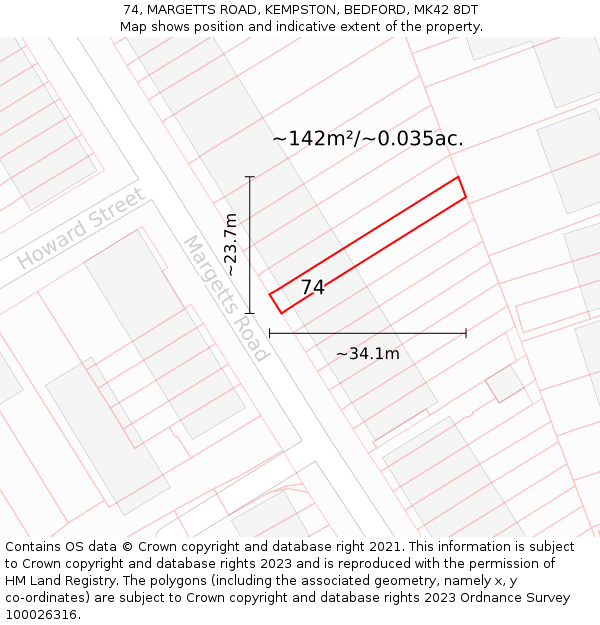 74, MARGETTS ROAD, KEMPSTON, BEDFORD, MK42 8DT: Plot and title map